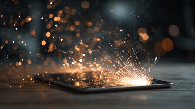 A tablet device on a rustic wooden table explodes with magical golden sparkles and glowing particles. Digital innovation, fantasy technology, and creative energy concept.