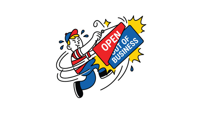 Stressed cartoon character rapidly flipping 'Open' to 'Out of Business' sign, illustrating business closure and economic struggle