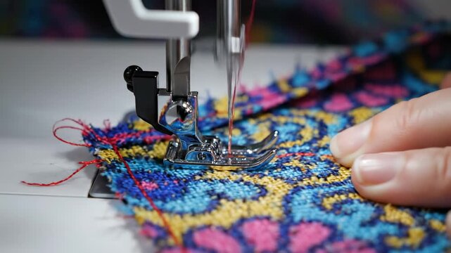 Vibrant Floral Fabric Being Embroidered by Sewing Machine.