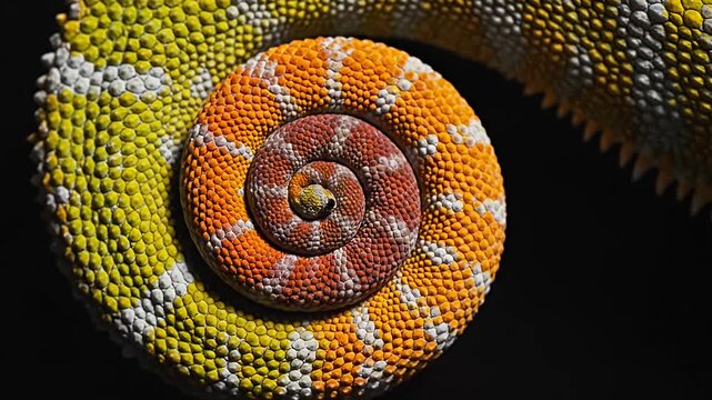 Colorful chameleon tail curled into spiral on dark background
