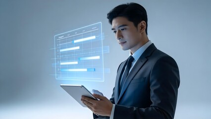 Businessman with digital tablet and hologram