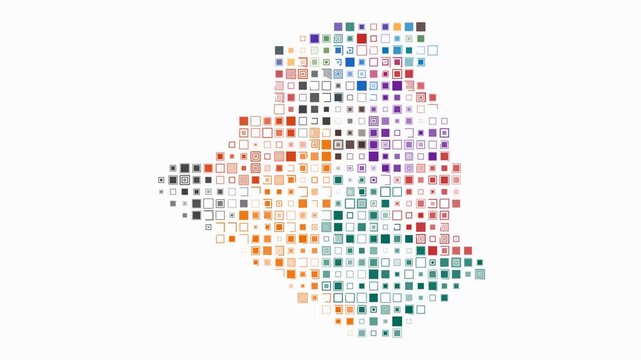 Algeria map animation. Shape of the country with pulsating colored dots. Large size square blocks. Digital style Algeria map on white background. Stylish video.