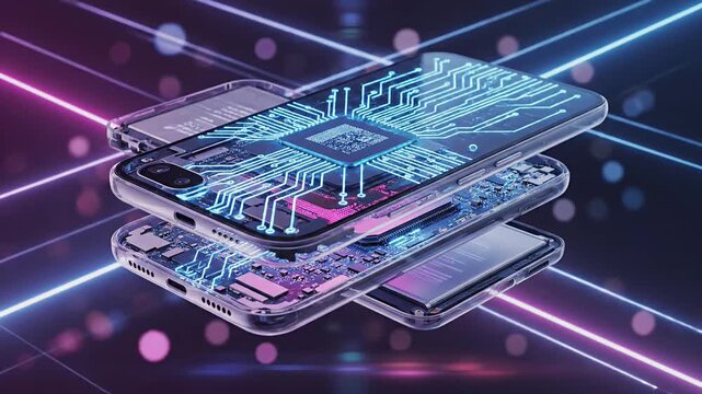 Exploded view of modern smartphone with glowing processor chip