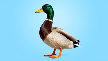 Obraz premium Striking full-body view of a male mallard duck, featuring its brilliant green head and brown body, standing gracefully against a clean light blue background