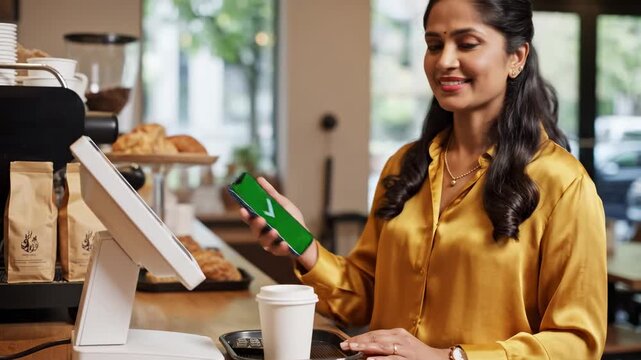 Woman making a contactless payment at a coffee shop counter.