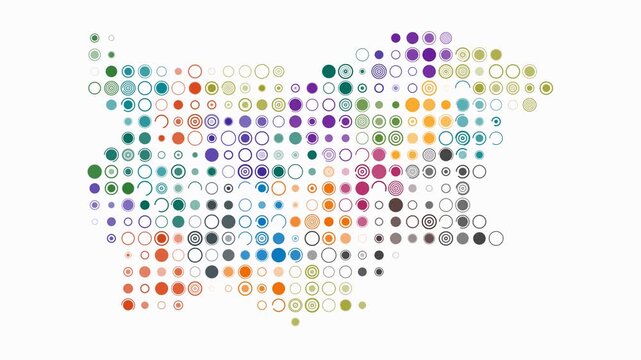 Bulgaria map animation. Shape of the country with pulsating colored dots. Large size circle blocks. Digital style Bulgaria map on white background. Beautiful video.