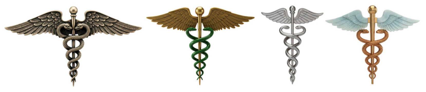a realistic raster photograph showing four distinct caduceus symbols, representing medicine, healing, and healthcare professions.