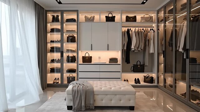 Luxurious modern walk-in closet with organized clothes and accessories