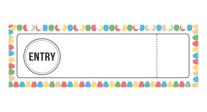 Easter entry ticket vector with colorful polka dot border, blank space for text, festive design, spring celebration, isolated on white background.