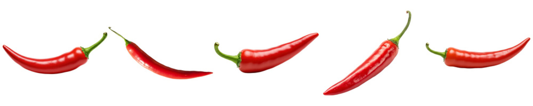 realistic photographs showcasing vibrant red chili peppers in various orientations, isolated against a dark background.