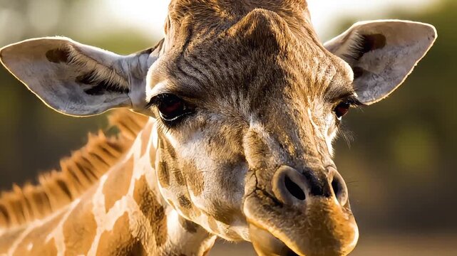 Close-up of a wild giraffe's head with distinctive spotted coat and gentle eyes. Warm sunlight highlights its unique patterns and majestic beauty in natural habitat