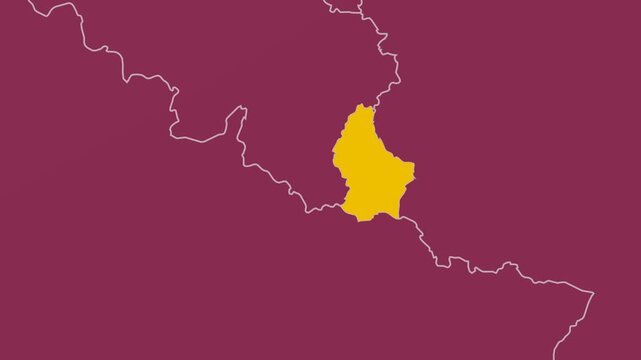 Luxembourg map. Animated zoom into the country on the Globe in Pale Mint Dark Pink color palette. Country logo animation with round text and airplanes. Map with meridians, parallels. Trending video.
