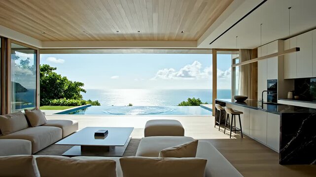 Modern luxury villa living room with kitchen and ocean view