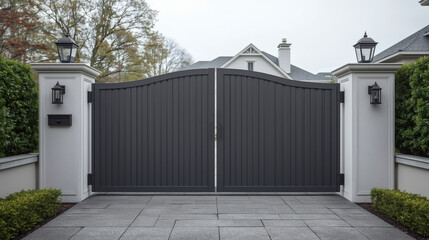 Elegant Dark Grey Double Gate at Residential House Driveway with Hedges
