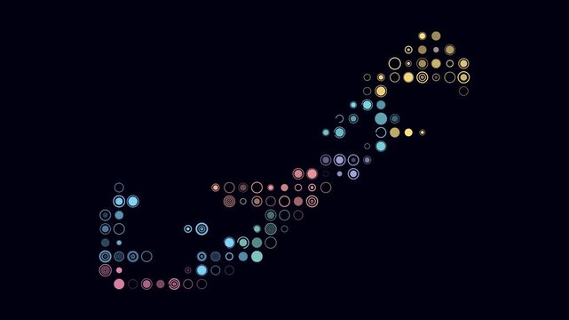 Bermuda map animation. Shape of the country with pulsating colored dots. Large size circle blocks. Digital style Bermuda map on dark background. Plain video.