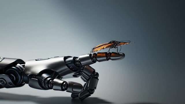 Robotic finger holding a delicate monarch butterfly on grey background