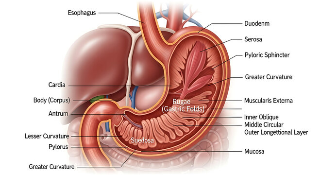 Detailed anatomical diagram of the human stomach and esophagus labeled with various parts.