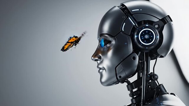 Robot with blue tear watching a monarch butterfly