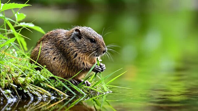 Small brown rodent eating grass by water's edge in nature