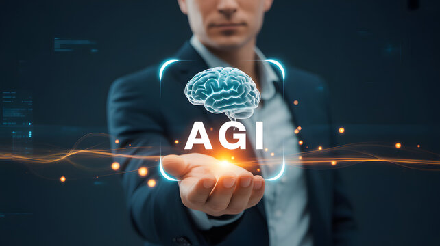 Businessman presenting artificial general intelligence concept with glowing brain and agi text
