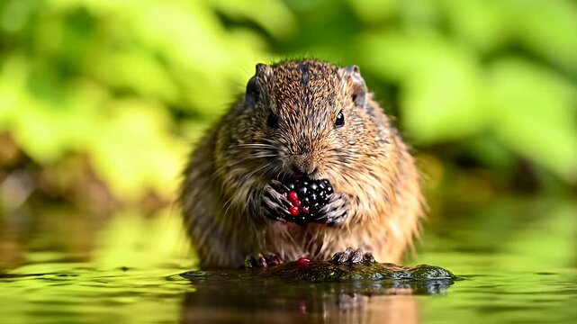 Small vole eating a fresh blackberry in shallow water