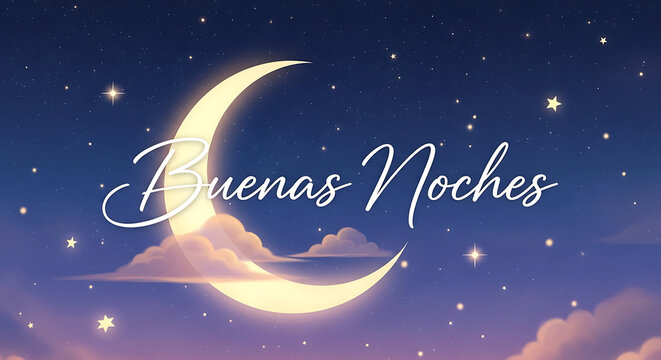 Crescent Moon in the Night Sky with Stars and Clouds Buenas Noches Greeting.