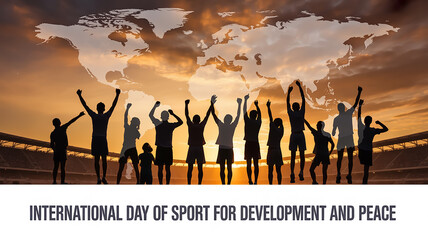 International Day of Sport for Development and Peace celebration concept, silhouette of diverse athletes jumping and raising hands at sunrise