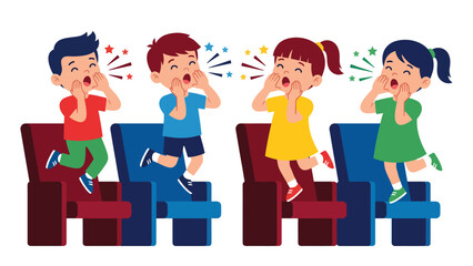 Excited Kids Cheering Loudly in Theater Seats Expressing Joy and Enthusiasm