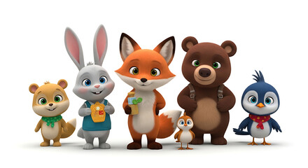 Naklejka premium Group of cartoon forest animals standing together.