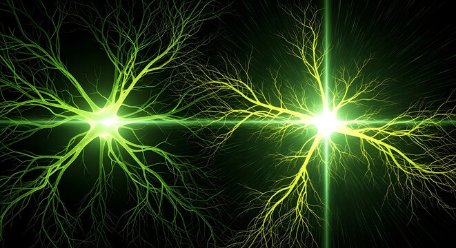 Abstract electrical energy sparks colliding and glowing with green and yellow light on a dark background, representing power and connection