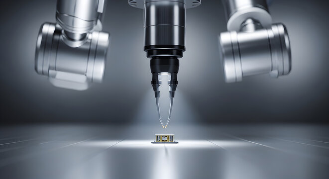 Precision robotic arm delicately places a tiny electronic component on a circuit board in a sterile manufacturing environment