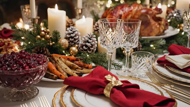 Festive Holiday Dinner Table with Roasted Turkey