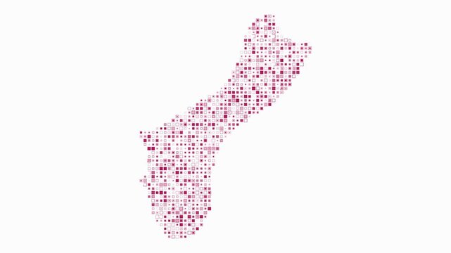 Guam map animation. Shape of the country with pulsating colored dots. Small size square blocks. Digital style Guam map on white background. Plain video.
