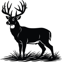 Majestic deer stag silhouette with large antlers standing on grass, wildlife vector illustration isolated on white background for nature design branding