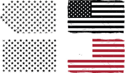 Grunge American flag elements with stars and stripes pattern, USA patriotic vector set for independence day design and national celebration