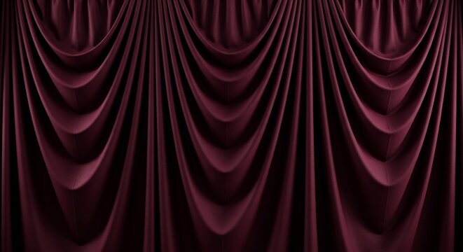 A luxurious dark red velvet curtain with elegant folds and draping