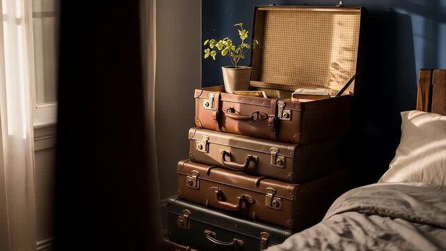 Cozy bedroom with vintage suitcases and soft natural light illuminating the space
