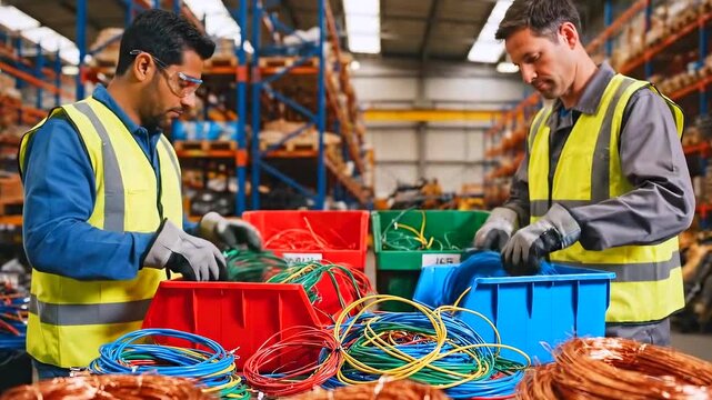 Warehouse workers sorting coils of electrical wire into colored bins, multiracial team wearing high visibility vests and gloves organizes copper conductors for packaging and inventory in busy