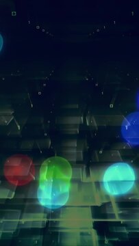 Vertical video: On loop start orbs drifting over layered grid, specks falling, creating calm loop