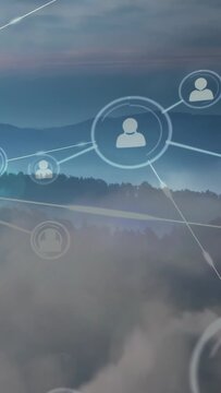 Vertical video: Bright point sparking network across fog peaks, linking avatar nodes showing growth