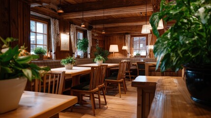 Fototapeta premium Cozy wooden dining area with bright plants and soft lighting perfect for a rustic restaurant atmosphere
