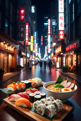 Fototapeta premium Sushi Platter and Ramen Bowl on Wooden Table in Neon Lit Japanese Street at Night