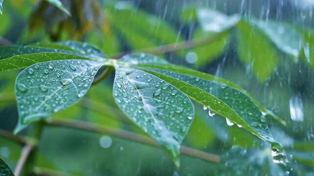 Close up of green leaves with raindrops falling during a gentle rain shower.