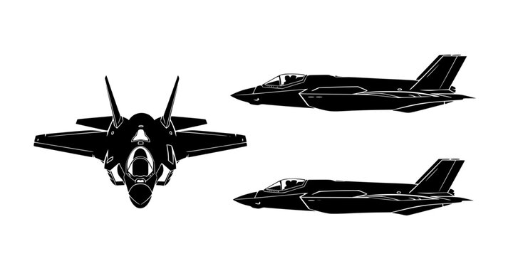 Set of icons of the fighter plane f35 line, silhouette, black color isolation, top, front and side view. F-35 Lightning II model. War plane icon.
