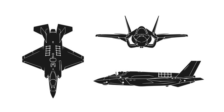 Set of icons of the fighter plane f35 line, silhouette, black color isolation, top, front and side view. F-35 Lightning II model. War plane icon.
