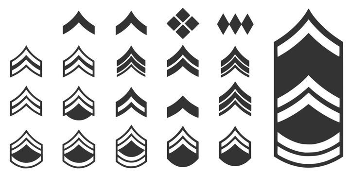 A complete set of army ranks from private to the highest rank of sergeant, a set of icons of military army ranks in black.

