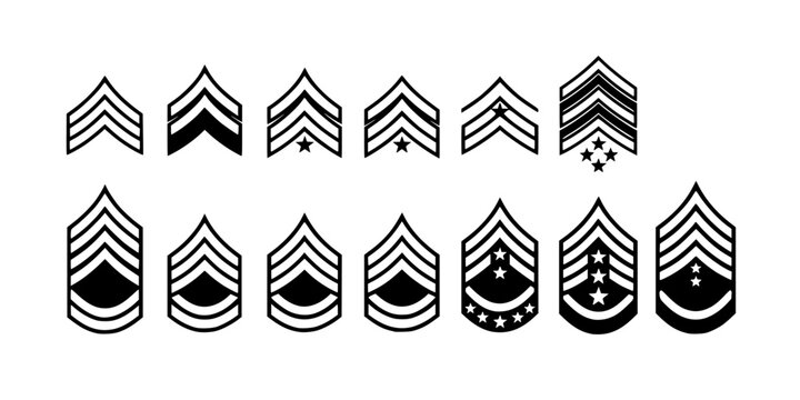 A complete set of army ranks from private to the highest rank of sergeant, a set of icons of military army ranks in black.
