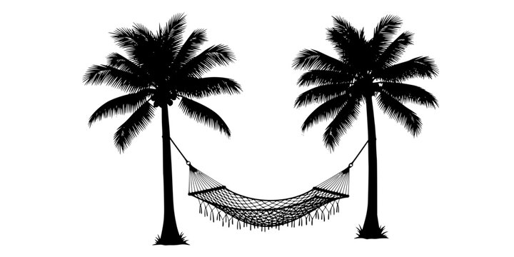 A playful scene depicting two palm trees with a hammock stretched between them creating a smiling face on transparent background silhouette
