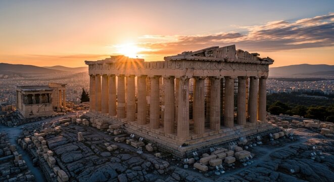 Breathtaking Sunset over Parthenon and Acropolis, highlighting Ancient Greek Architecture and the Panoramic Athens Cityscape