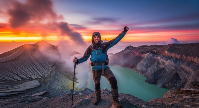 Triumphant hiker on a dramatic volcanic crater rim with a vibrant turquoise lake and steaming vents at stunning sunrise or sunset.